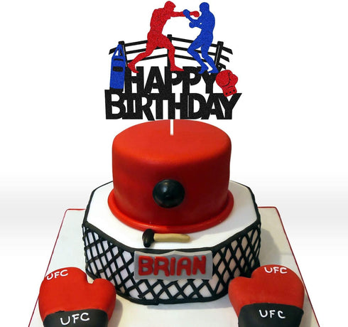 Boxing Cake Topper Bout Pugilist Infighter Beat Boxing Platform Punching Bag Glove Themed Men Kids Boy Girl Birthday Party Cake Decor Happy Bday E...