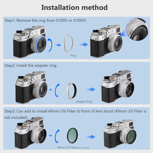 Haoge Lens Filter Adapter Ring for Fujifilm X100VI Fuji FinePix X100V Camera fit 49mm UV CPL ND Filter Lens Cap Replace Fujifilm AR-X100 Silver...