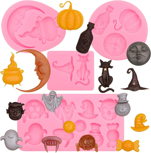 Halloween Candy Molds, Pumpkin Skull Ghost Silicone Molds, Witch Hat Cat Eyeballs Teeth Cake Decorating Chocolate Molds for Baking Fondant Cupcake...