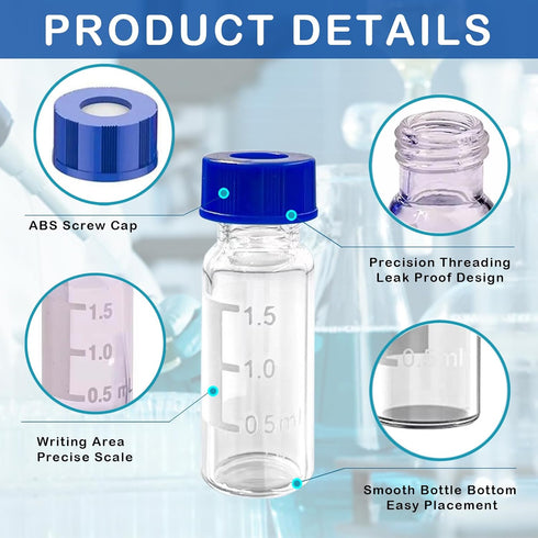 2mL Autosampler Vials, 9-425 HPLC Vials with Screw Cap, White PTFE & Red Silicone Septa, Borosilicate Sample Vial with Writing Area and Graduation...