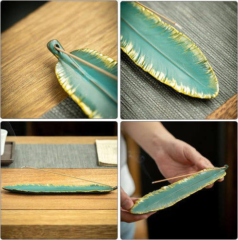 Incense Stick Holder Burner Ceramic Green Feather, Incense Burner Ash Catcher 9 Inch Handmade Incense Tray Meditation, Yoga, Home/Office Decor, Sp...