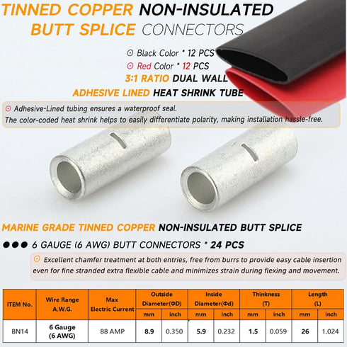 6 Gauge Non-Insulated Butt Connectors 24 PCS Butt Splice Connectors 6 AWG Marine Grade Tinned Copper Butt Splice Terminals 14mm² Seamless Uninsula...