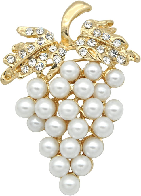 Gyn&Joy Womens Gold T one Faux Pearl White Grapes&Crystal Rhinestones Leaf Fruit Brooch Pin BZ060...