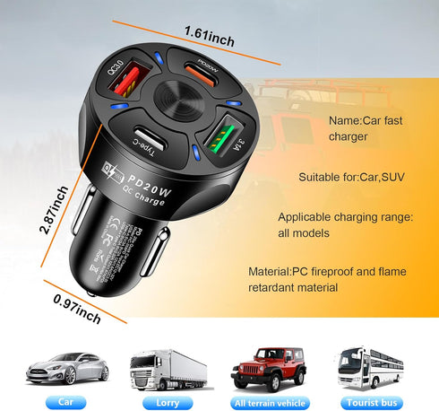 4 Ports Car Fast Charging Charger Cigarette Lighter Adapter, Super Fast Auto Charging Cigarette Lighter Plug with QC 3.0, PD 20W, Type C, 3.1 A, V...