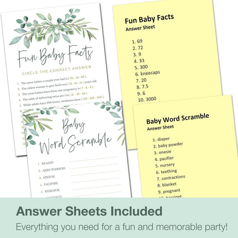 Baby Shower Games for Boy or Girl - Set of 4 Games for 30 Guests - Double Sided Cards - Floral Greenery Eucalyptus Flowers...