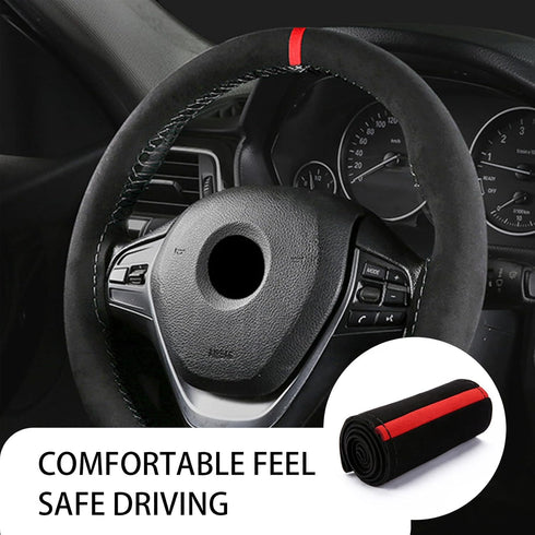 1 PC Car Steering Wheel Cover, 14.9" Suede Nubuck Leather Non-Slip Breathable Hand-Stitched Steering Wheel Protector, Comfortable Grip for All Sea...
