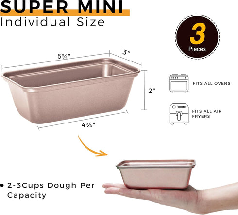 HONGBAKE Mini Loaf Pan for Baking Bread, Nonstick Small Banana Bread Tins Set of 3, 6 x 3.3 x 2 In Tiny Carbon Steel Meatloaf Pan - Rose Gold...