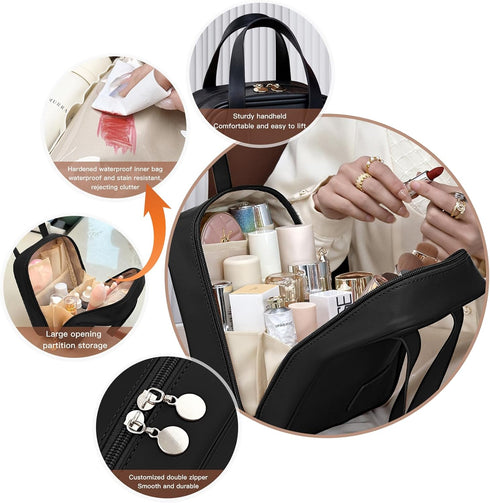 Travel Makeup Bag,Small Cosmetic Bags,Mini Toiletry Bag with Zipper,Leather Make Up Case, Accessories with Divider, Suitcases for Women (black)...