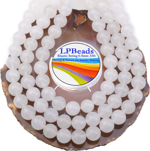 LPBeads 80Pcs Polished 10mm Round Natural White Jade Gemstone Loose Beads with Stretch Cord for Jewelry Making Bracelets...