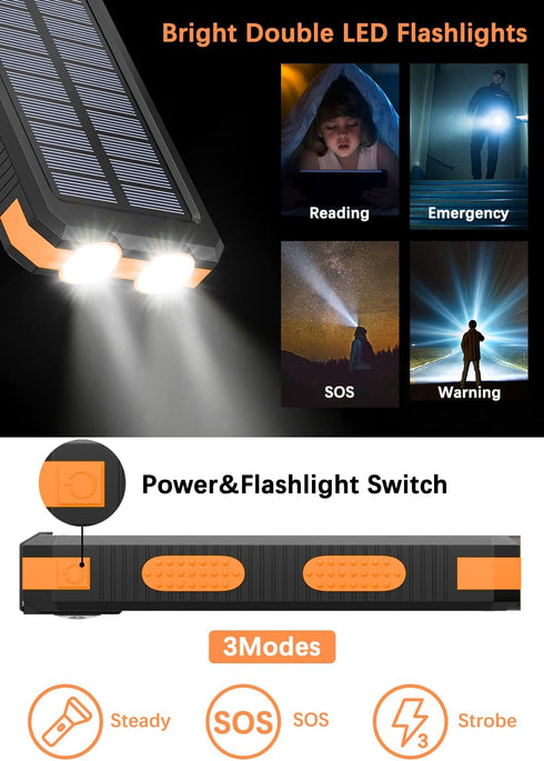 Solar Charger 20000mAh Power Bank Portable Solar Phone Charger, Camping Waterproof External Battery Charger for Cell Phone, 2 USB/LED Flashlight w...