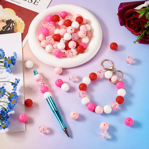 Beadthoven 15mm Silicone Beads 6 Colors Pink Red White Silicone Beads for Keychain Making Confetti Round Rubber Silicone Beads Kit for Pens Lanyar...