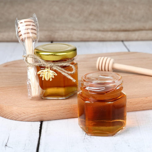 1.5 oz Hexagon Mini Glass Honey Jars -30Pack Honey Jars with Wood Dipper, Gold Lid, Bee Pendants, Jutes - Perfect for Baby Shower, Wedding Favors,...