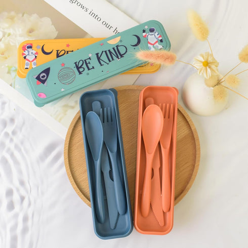 4 Sets Travel Utensils with Case - Astronauts Travel into Space, Wheat Straw Reusable Utensils Set with Case Portable Utensils Set with Case for T...