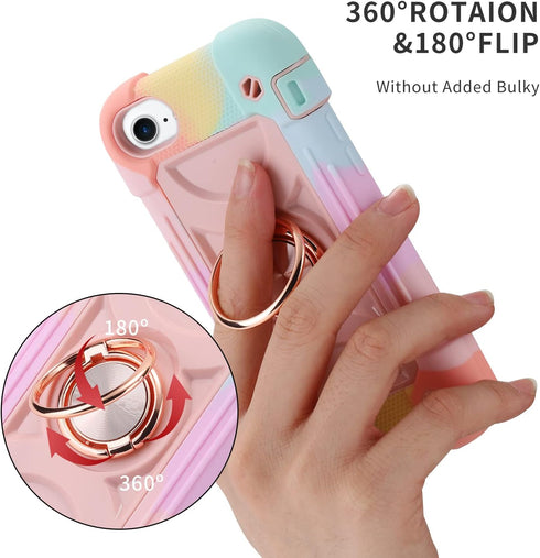 iPhone SE3/SE2/6/6S/7/8 4.7" Heavy-Duty Military Grade Rugged Case with Ring Stand & 2 Screen Protectors (Rainbow Pink)...