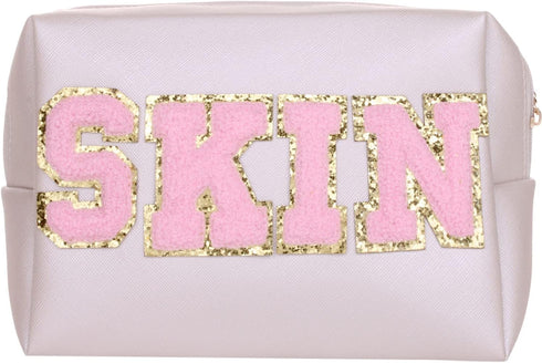 Preppy Patch Cosmetic Toiletry Bag for Women Girls SKIN Letters PU Leather Portable Makeup Bag Zipper Pouch Storage Purse Waterproof Organizer for...