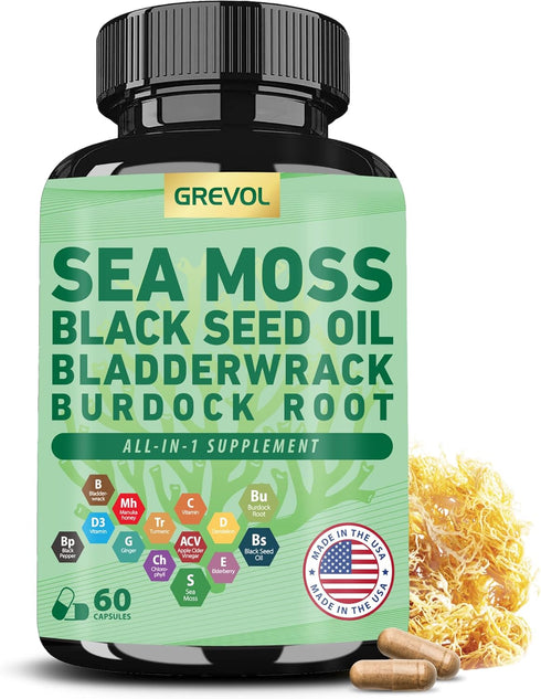 Organic Sea Moss Supplement, Sea Moss 8000mg Black Seed Oil 6000mg Bladderwrack 5000mg Burdock 4000mg Turmeric VC D3 Elderberry ACV Black Pepper C...