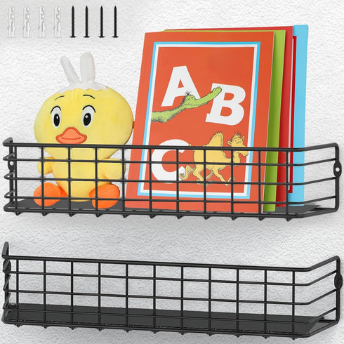Kids Bookshelf - 2PACK, Black, 4.1" D x 16" W x 3.2" H, Metal Book Shelf for Wall, Versatile Floating Bookshelf for Nursery Toddler Classroom Bedr...