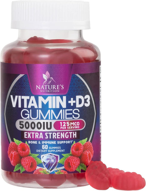 Vitamin D3 Gummies Extra Strength 5000 IU (125 mcg) - Raspberry Flavor Gummy Vitamins - Vitamin D Dietary Supplement for Bone, Teeth, Muscle & Imm...