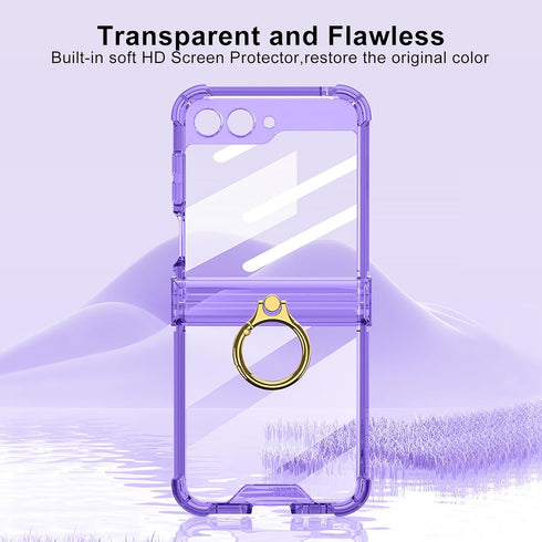 for Samsung Galaxy Z Flip 5 Case Hinge Protection Luxury Soft Transparent with Ring Holder Built-in Screen Protector All-Inclusive Shockproof Case...