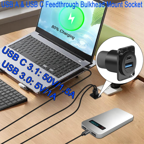 QIANRENON USB3.0 & USB C 3.1 Panel Mount Adapter USB3.0+USB Type C 3.1 Female to Female Fixed Mount Data Charging Connector USB A & USB C Feedthro...