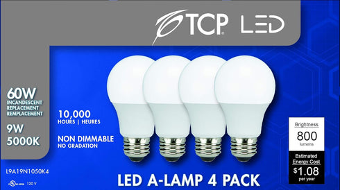 TCP L9A19N1050K4 LED 60 Watt Equivalent Light Bulbs, A19 Shape, 4 Pack, Daylight, 4 Count...