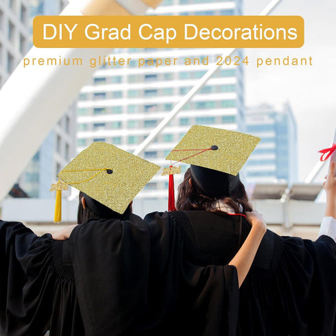 TKNOUS 10Pcs DIY Grad Cap Decorations - Gold Glitter Heavyweight Premium Construction Paper with Gold 2024 Graduation Charm for Graduation Cap Tas...