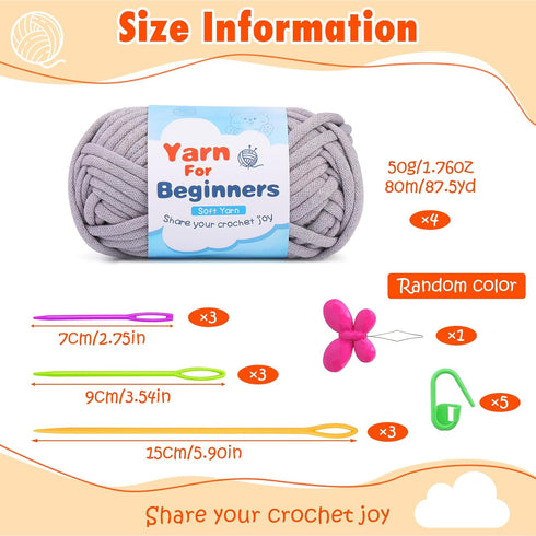 Easy Yarn for Beginners, 4x50g Chunky Thick Yarn with Easy-to-See Stitches, Cotton Yarn for Beginners with Crocheting Accessories for DIY Crocheti...