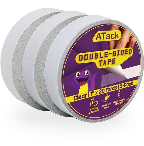 ATack Clear Double-Sided Tape, 1 Inch x 20 Yards (3-Pack), Tear by Hand, Wall Safe Heavy Duty Double Sides Self Sticky Wall Fabric Tape for Wood T...
