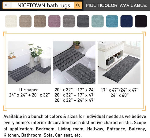 NICETOWN Bath Mats Shower Rugs Slip-Resistant Extra Absorbent Soft and Fluffy Thick Bath Mats, Non-Slip Microfiber Shag Floor Mats, Dry Fast Water...