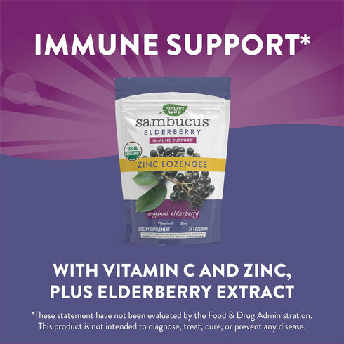 Nature’s Way Sambucus Organic Zinc Lozenges, Elderberry and Zinc Lozenges with Vitamin C, Certified Organic, 24 Lozenges...