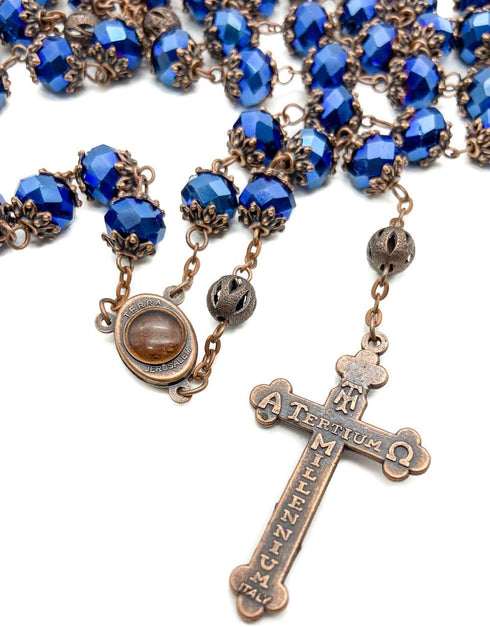 Nazareth Store Men Deep Blue Crystallized Beads Rosary Handmade Prayer Necklace Holy Soil Medal and Cross Crucifix...