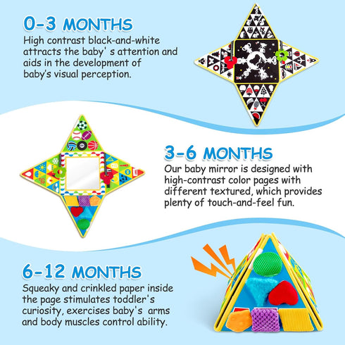 Tummy Time Baby Mirror Toys Double-Sided Black and White High Contrast Baby Toys with Squeaker for Babies Sensory Texture Infant Toys 0 3 6 9 12 M...