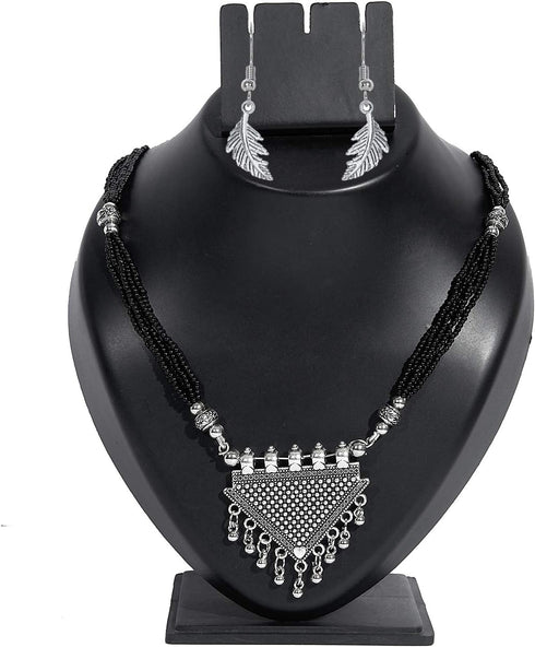 Traditional Indian Antique Silver Oxidised Mangalsutra Thushi Necklace Set with Earrings for Women (SJ_2906)...