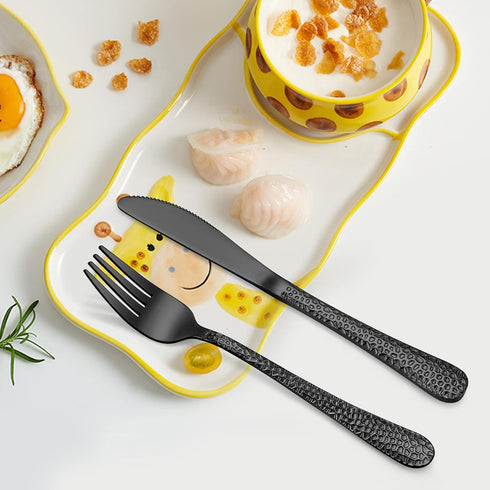 LIANYU 9-Piece Kids Black Silverware Set, Stainless Steel Toddler Utensils, Hammered Metal Flatware Cutlery Set Preschooler, Children Tableware In...
