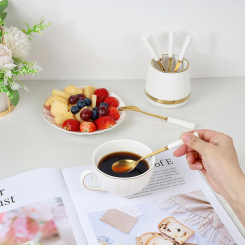 6PCS Coffee Spoons with Ceramic Jar Holder, Small Stainless Steel Gold Tea Spoons, Mini Dessert Spoons Set for Fruit, Stirring, Mixing, Sugar, Ice...