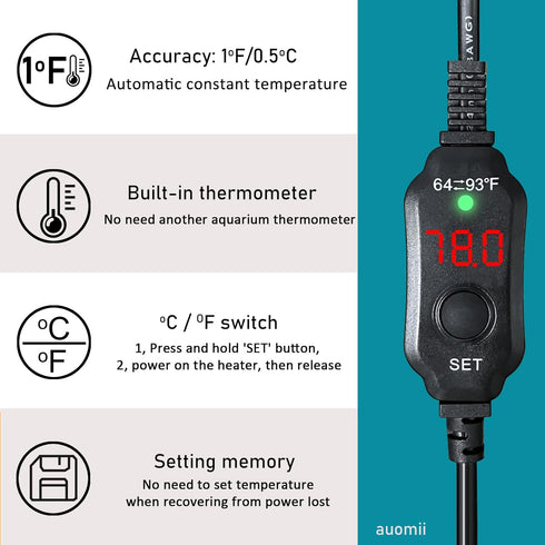 Mini Submersible Aquarium Heater, 10/20/25/50/100/150 Watts Adjustable Fish Tank Heater, Built-in Thermometer, External Temperature Controller, Sm...