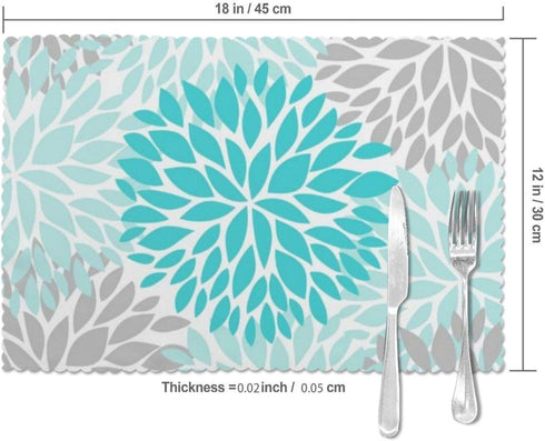 Turquoise Blue and Gray Placemats Set of 6, Washable Table Place Mats for Kitchen Dining Home 12 X 18 Inch...
