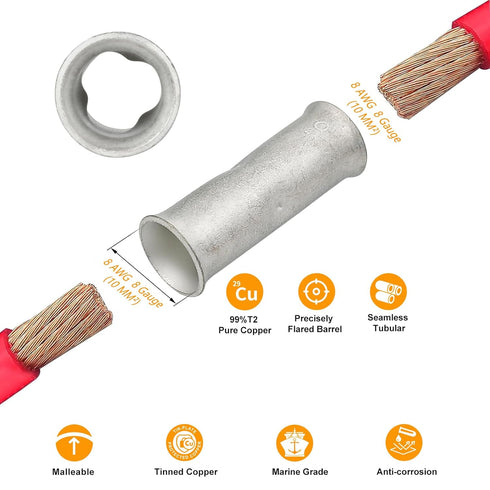 8 Gauge Butt Splice Connectors 30 PCS 8 AWG Non-Insulated Butt Connectors Uninsulated Crimp Wire Butt Connectors Tinned Copper Marine Grade Crimp ...