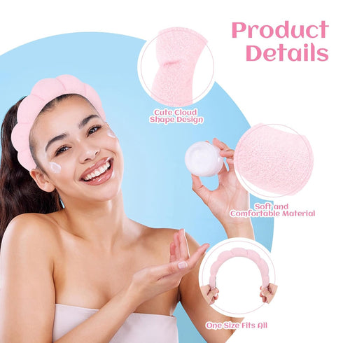 Pink Spa Headband for Washing Face Puffy Sponge Headbands Skincare Headbands for Women Girls Terry Cloth Headband for Washing Face Skincare Makeup...