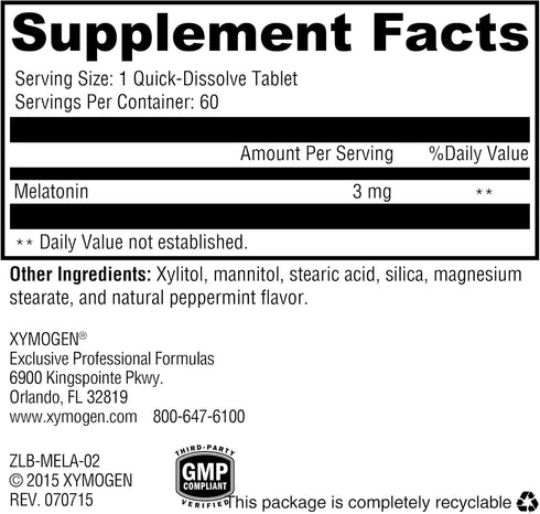 XYMOGEN Melatonin - Peppermint Lozenges - 3mg Melatonin Supplement for Nighttime, Antioxidant + Immune Support (60 Quick-Dissolve Tablets)...