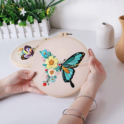 Konrisa Embroidery Kits with Butterfly Flower Pattern, Stamped Embroidery Starter Kit for Beginners Adults Needlepoint Kits Include Embroidery Fab...
