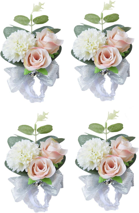 MOJUN Wedding Bridal Bridesmaid Wrist Flower Corsage Wedding Planner Wrist Corsage Hand Flower, Pack of 4...