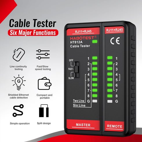 HT812A Network Cable Tester with RJ45 RJ11 Port, Ethernet Cable Tester, Ethernet Tester Tool Fast/Slow Gear, 60V Cable Telephone Line Continuity T...