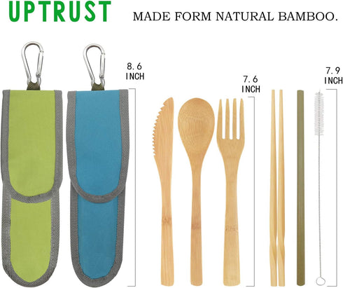 2 Set Bamboo Cutlery Set Bamboo Travel Utensil Reusable Organic Bamboo Utensil Fork Knife Spoon Chopsticks Straw Cleaning Brush for Travel Picnic ...