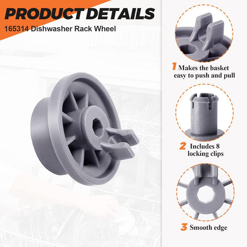 165314 Dishwasher Lower Rack Wheels by Beaquicy - Upgrade 8 Pack - Fit for Bosch Kenmore Dishwasher SHE43, SHE33, S35K, 630163 series - Replace 420198 423232 AP2802428 PS3439123 EAP3439123 PS8697067