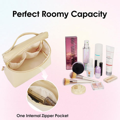 Wandering Nature Cosmetic Bag Makeup Toiletry Pouch for Women with Portable Flip & Double Zipper for Travel Toiletry Bag, Beige...