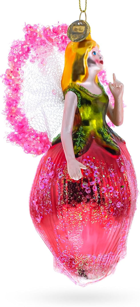 Enchanting Fairy in a Rose Dress Glass Christmas Ornament...