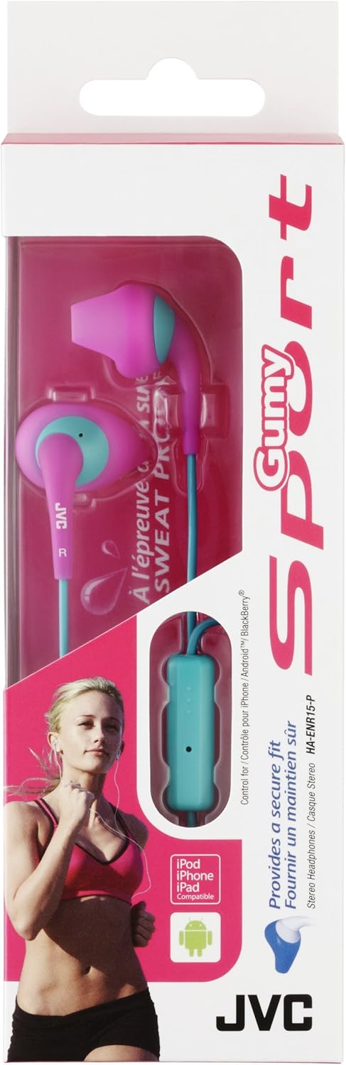 JVC HAENR15P Gumy Sport Nozzle Fit Earpiece Remote Mic Sweat-proofPink...