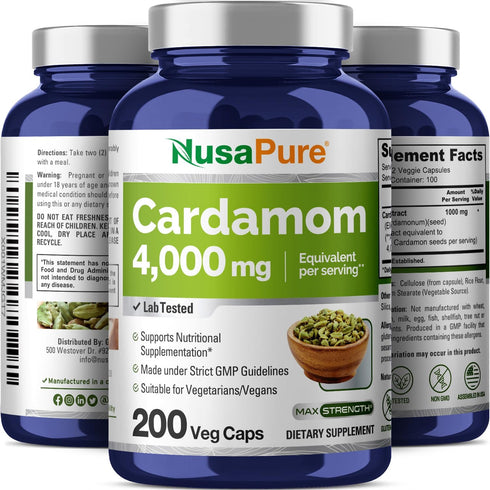 NusaPure Cardamom Extract 4000mg 200 Vegetarian Capsules (Non-GMO, Gluten Free)...