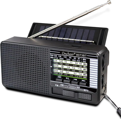 Portable FM/AM/SW Radio, Build-in Bluetooth Speaker, Powered by Rechargeable Battery with Solar Panel for Charging, Emergency LED light, Stretch A...